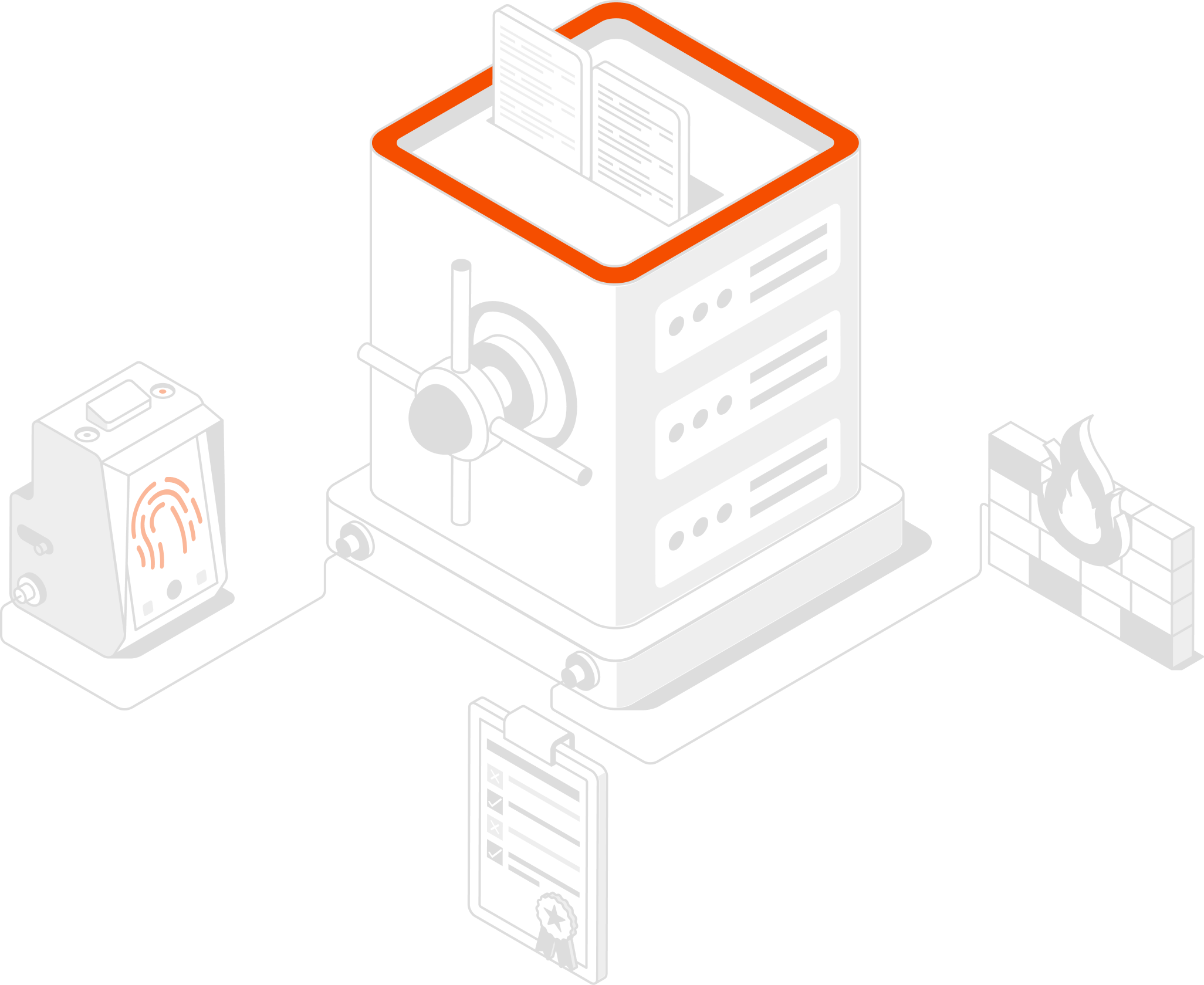 Isometric illustration of security, compliance, and zero-trust governance controls.